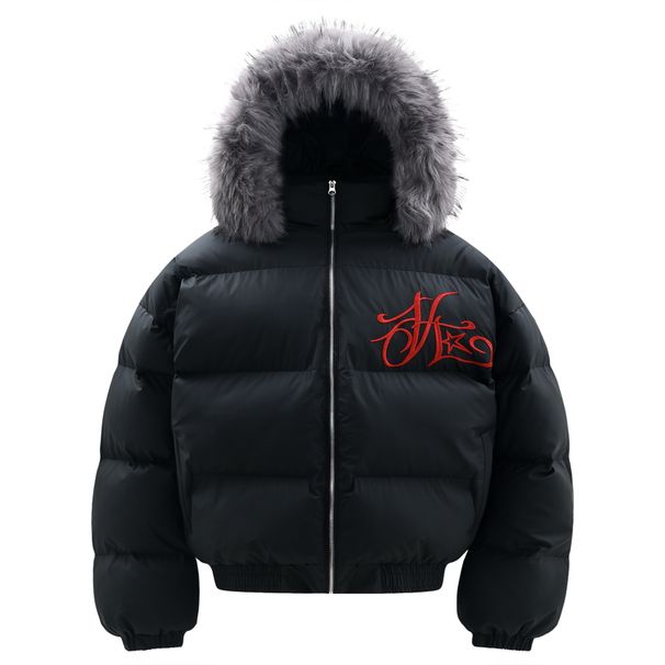 Unisex Winter Hooded Puffer Jacket With Detachable Faux Fur Collar - Loose Fit Thickened Warm Coat, Trendy Embroidery Design, Black (S/M/L/XL)_viptrois.com