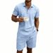 Men's American Style Casual Vacation Commuter Polo Shirt And Shorts Set Summer Linen Plus Size Simple Beachwear With Short Sleeves_viptrois.com