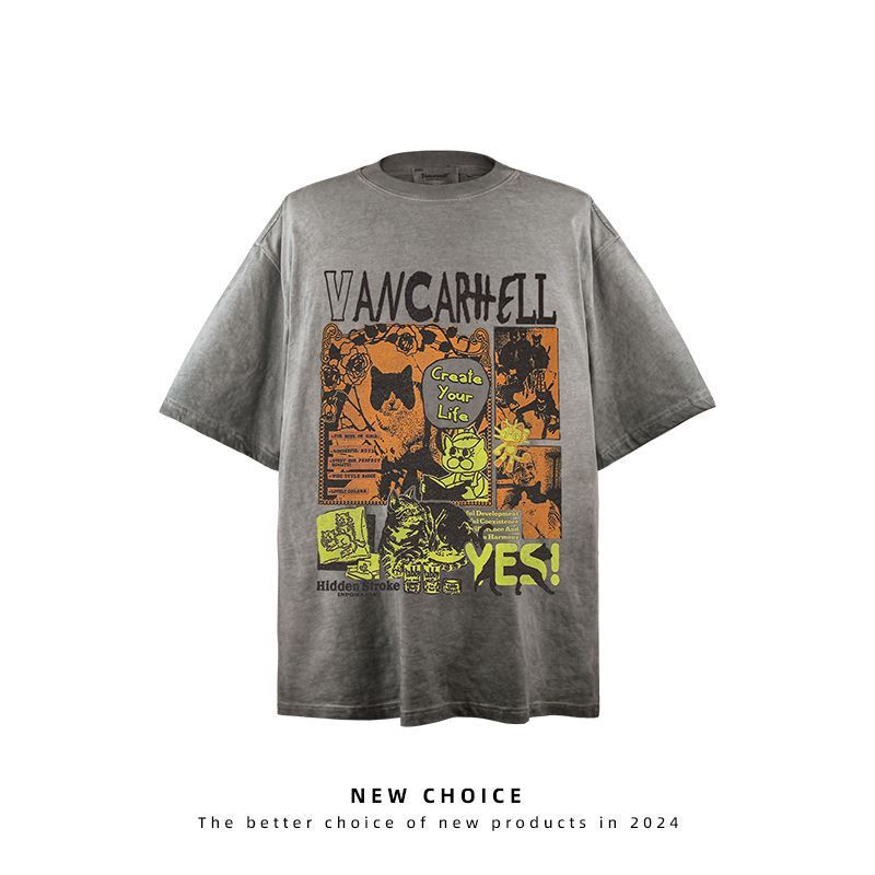 Men's Clothing retro cartoon cat print short sleeved T shirt men's summer new loose couple half sleeve_viptrois.com