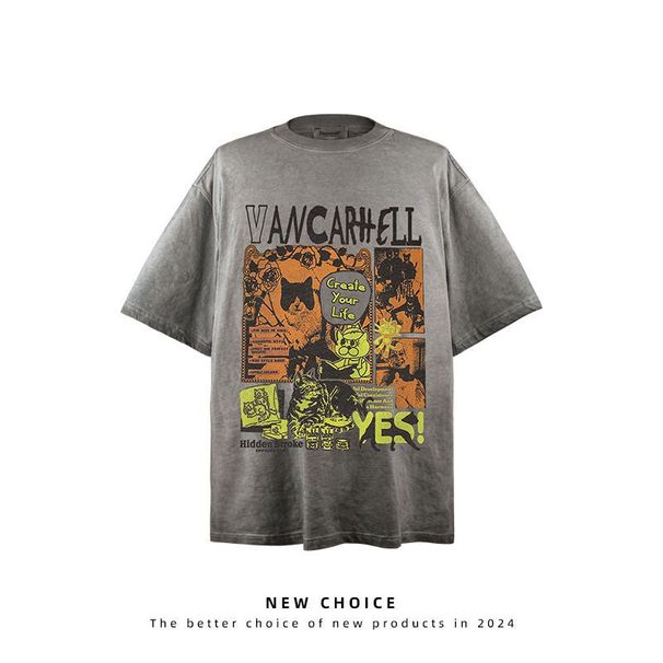 Men's Clothing retro cartoon cat print short sleeved T shirt men's summer new loose couple half sleeve_viptrois.com