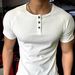Men's Heavyweight Ribbed Cotton Henley T-Shirt Short Sleeved Slim Fit Button Down Style Fitness Training Top_viptrois.com