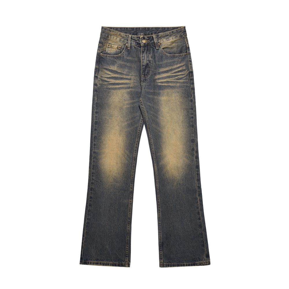 Men wash yellow indentation wide leg jeans with loose niche straight leg trousers_viptrois.com