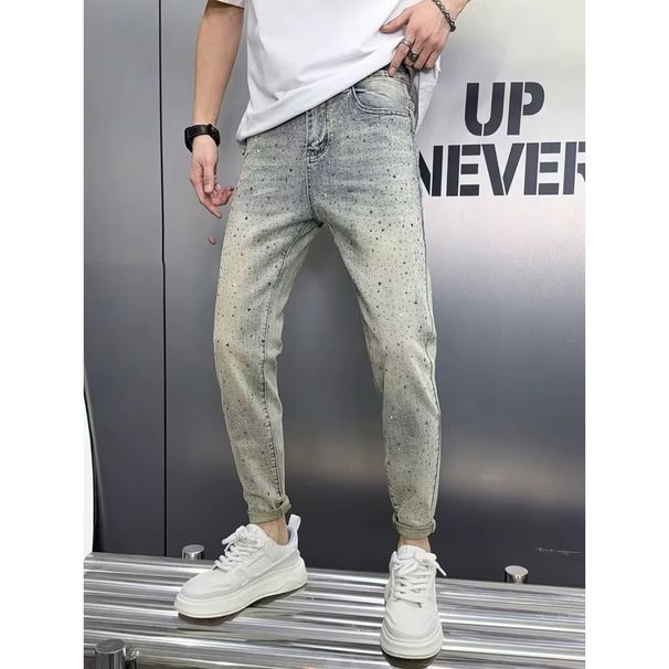 American High Street Washed Denim Jeans For Men, Slim Fit, Trendy Brand, Letter Print, Colorful Paint, Distressed, Slim Fit Straight Leg Trousers._viptrois.com