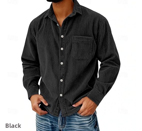 Men's Striped Corduroy Shirt Non-Iron Wrinkle Free Business Casual Long Sleeve Classic Fit Solid Pattern Button-Up Dress Shirt_viptrois.com
