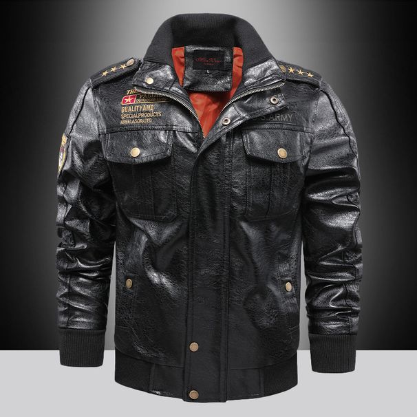 Men's Clothing Flying Suit Leather Jacket Men's Baseball Collar Leather Jacket PU Harley Pilot Fleece-lined Warm Jacket_viptrois.com