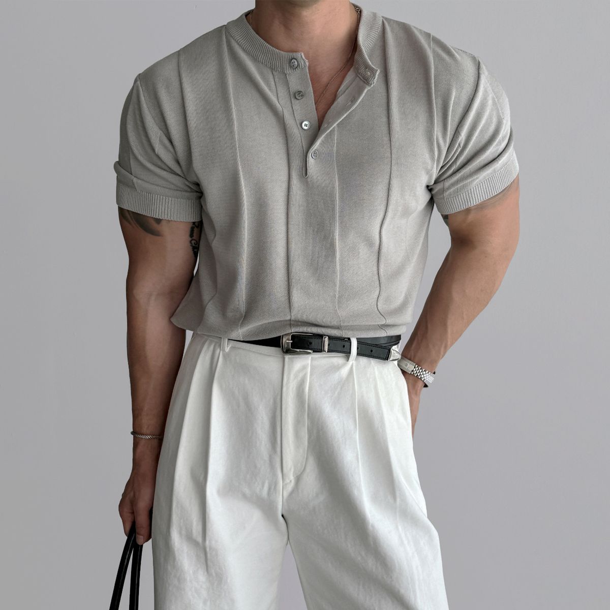 Henry Collar Slim Fit Knitted Short Sleeved T Shirt For Men 2025 Summer New Style Light Mature Style Business Commuting All Match T Shirt_viptrois.com