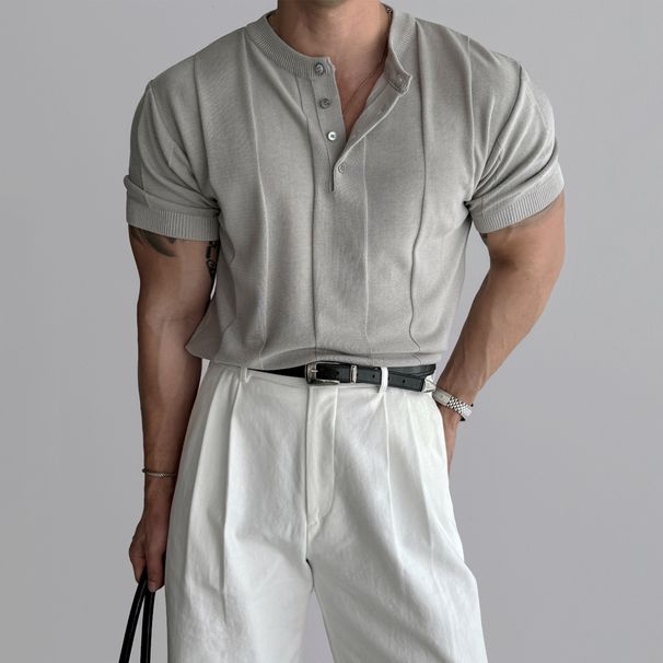 Henry Collar Slim Fit Knitted Short Sleeved T Shirt For Men 2025 Summer New Style Light Mature Style Business Commuting All Match T Shirt_viptrois.com