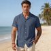 Men's Linen-Blend Short Sleeve Shirt, Casual Lapel Collar Solid Color Breathable Top For Summer, Lightweight Wrinkle-Resistant Relaxed Fit Shirt_viptrois.com