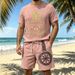 Men's Bamboo Linen Suit Viking Style Print Casual Crew Neck Short Sleeved Shirt And Shorts Summer Fashion_viptrois.com