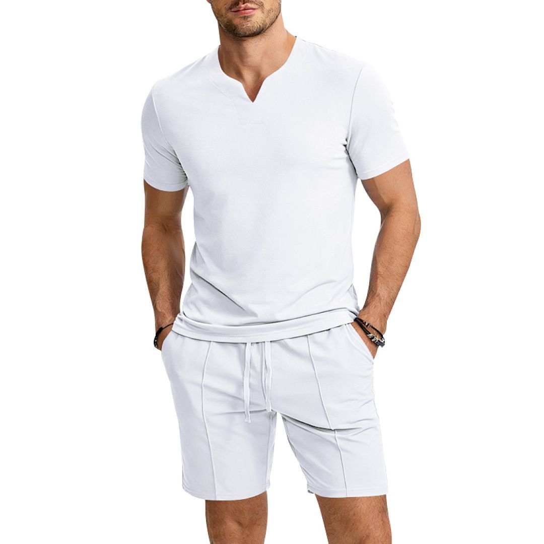 Summer Men's Quick Drying V Neck Jersey Shirt And Shorts Set Loose Trendy Skin Friendly Clothing For British Gentleman_viptrois.com