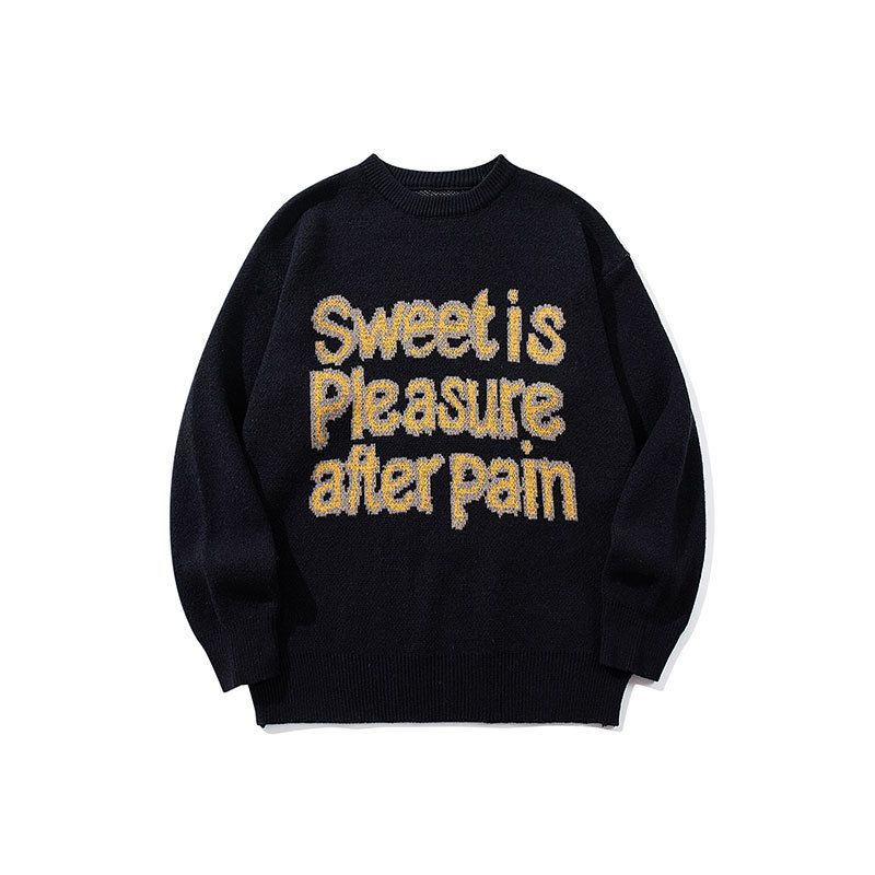 Vintage Letter Jacquard Sweater – Retro Unisex Pullover For Men & Women (Black, S/M/L/XL_viptrois.com