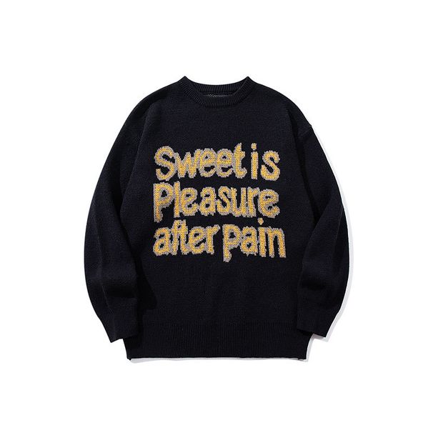 Vintage Letter Jacquard Sweater – Retro Unisex Pullover For Men & Women (Black, S/M/L/XL_viptrois.com