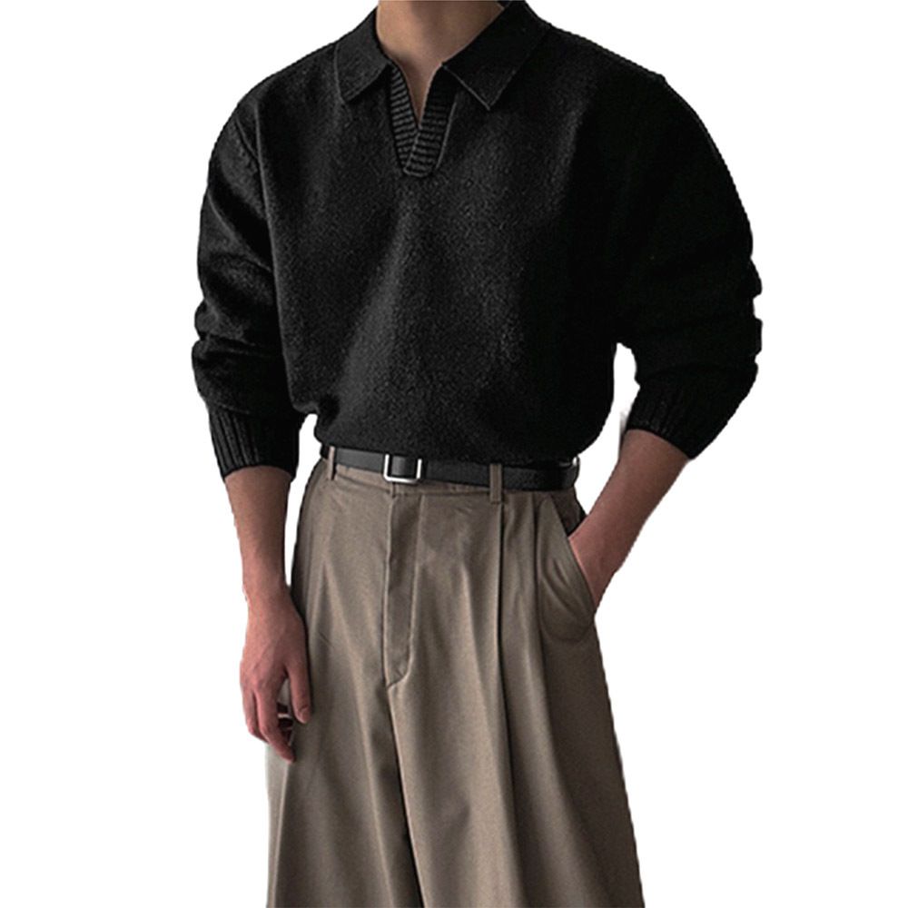 Premium Plus-Size Men's Polo Knit Sweater - Breathable Stretch Fabric, Business Casual V-Neck Pullover, Black/Grey/Khaki_viptrois.com