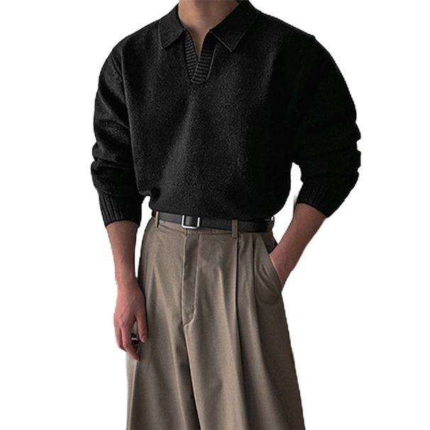 Premium Plus-Size Men's Polo Knit Sweater - Breathable Stretch Fabric, Business Casual V-Neck Pullover, Black/Grey/Khaki_viptrois.com