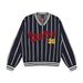 American Trendy Brand Flocking Embroidery Contrast Color Vertical Stripes V-Neck Men's Loose Lazy Sports Style Knitted_viptrois.com