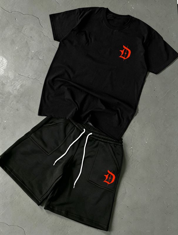New Unisex Niche Red D Label Pure Cotton Top + Fleece Shorts Set Simple And Casual Everyday Wear._viptrois.com