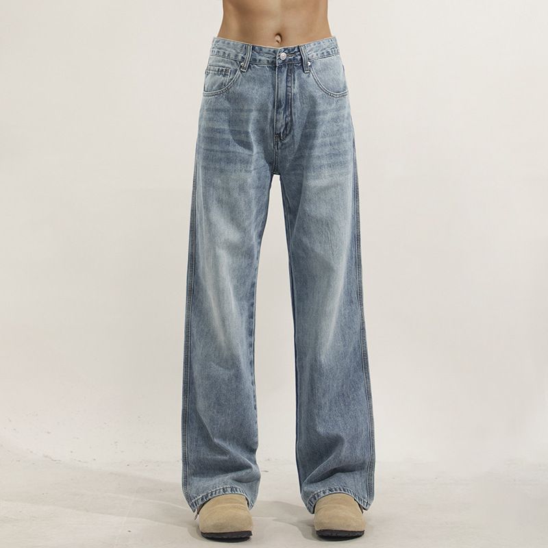 Men's Vintage Light Wash Blue Jeans Flared Trousers, Relaxed Fit Bootcut Denim Pants With Distressed Details, High Waist Wide Leg Streetwear_viptrois.com