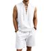Men's Linen Short Sleeve Shirt And Shorts Set, Breathable Summer Outfit, Medieval Style Drawstring Waist, Loose Fit Vacation Loungewear_viptrois.com