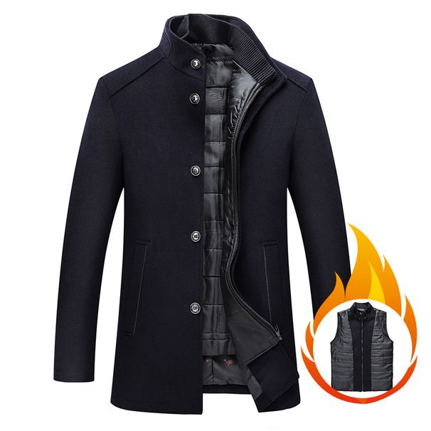 K New Solid Color Casual Men's Coat Woolen Coat Men's Warm Standing Collar Woolen Coat With Vest_viptrois.com