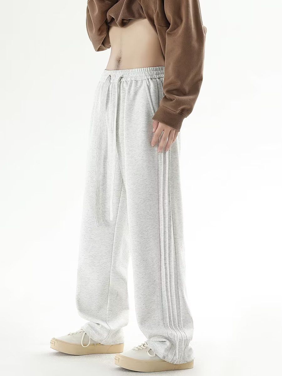 Men's Casual Sports Pants Gray Striped Loose Fit Straight Leg Trendy Sweatpants Plus Size Solid Color Long Pants For Spring Autumn_viptrois.com