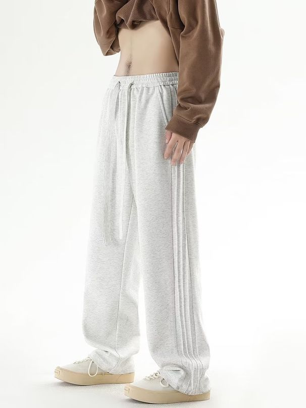 Men's Casual Sports Pants Gray Striped Loose Fit Straight Leg Trendy Sweatpants Plus Size Solid Color Long Pants For Spring Autumn_viptrois.com