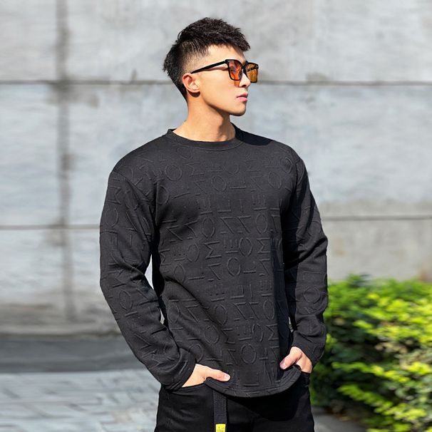 Long Sleeve Men's Fitness Sports Trend Casual Crewneck Hoodie Breathable Quick Dry Loose All Matching Base Shirt_viptrois.com