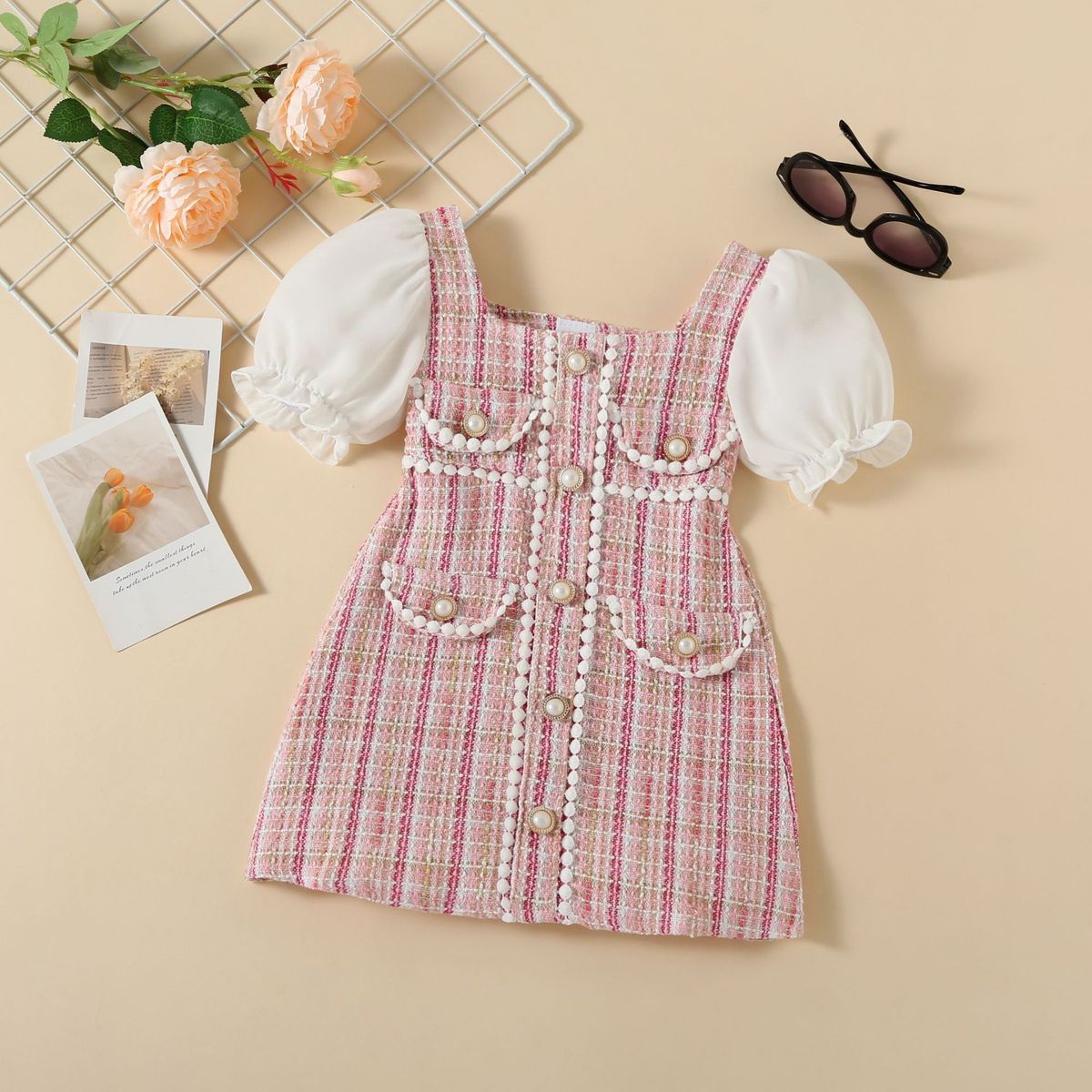 Mother&Kids Children's dress children's wool plaid pearl button small wool ball small fragrance puffle-sleeve children's princess dress_viptrois.com