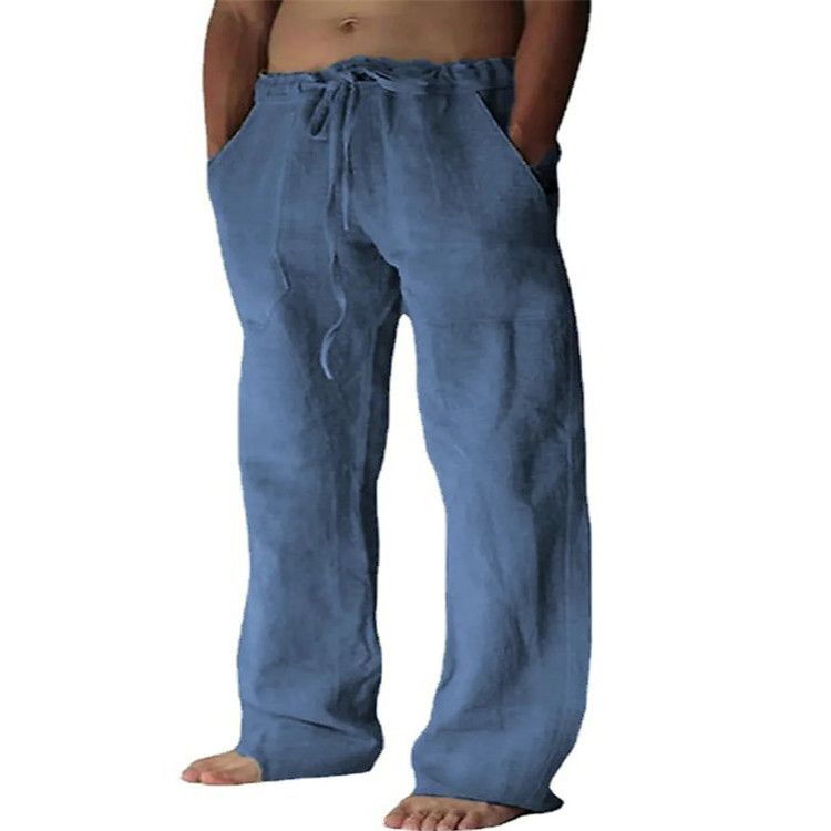 Men's Clothing Men's European And American Independent Station New Solid Color Cotton And Linen Loose Casual Drawstring Multi Pocket Trousers_viptrois.com