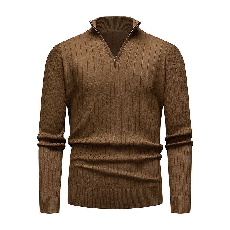 Autumn Winter Men's Knitted Half Zipper Stand Collar Solid Color Fashion Vertical Striped Sweater For Men_viptrois.com