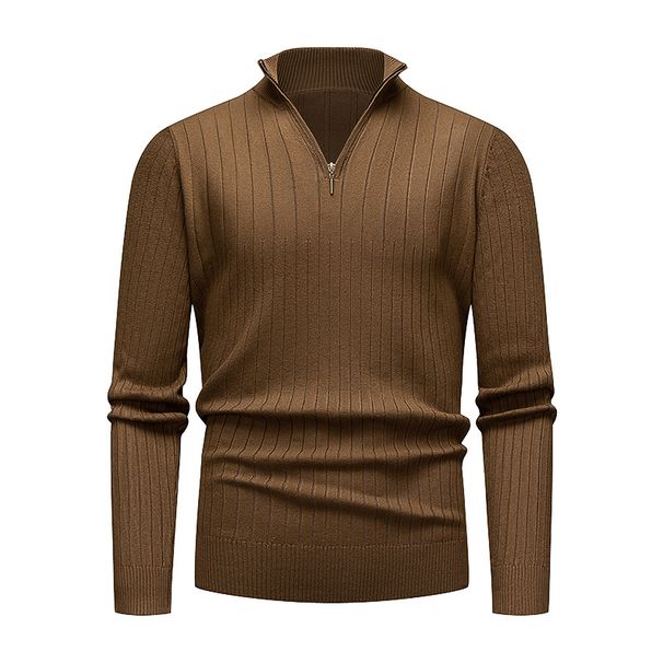 Autumn Winter Men's Knitted Half Zipper Stand Collar Solid Color Fashion Vertical Striped Sweater For Men_viptrois.com
