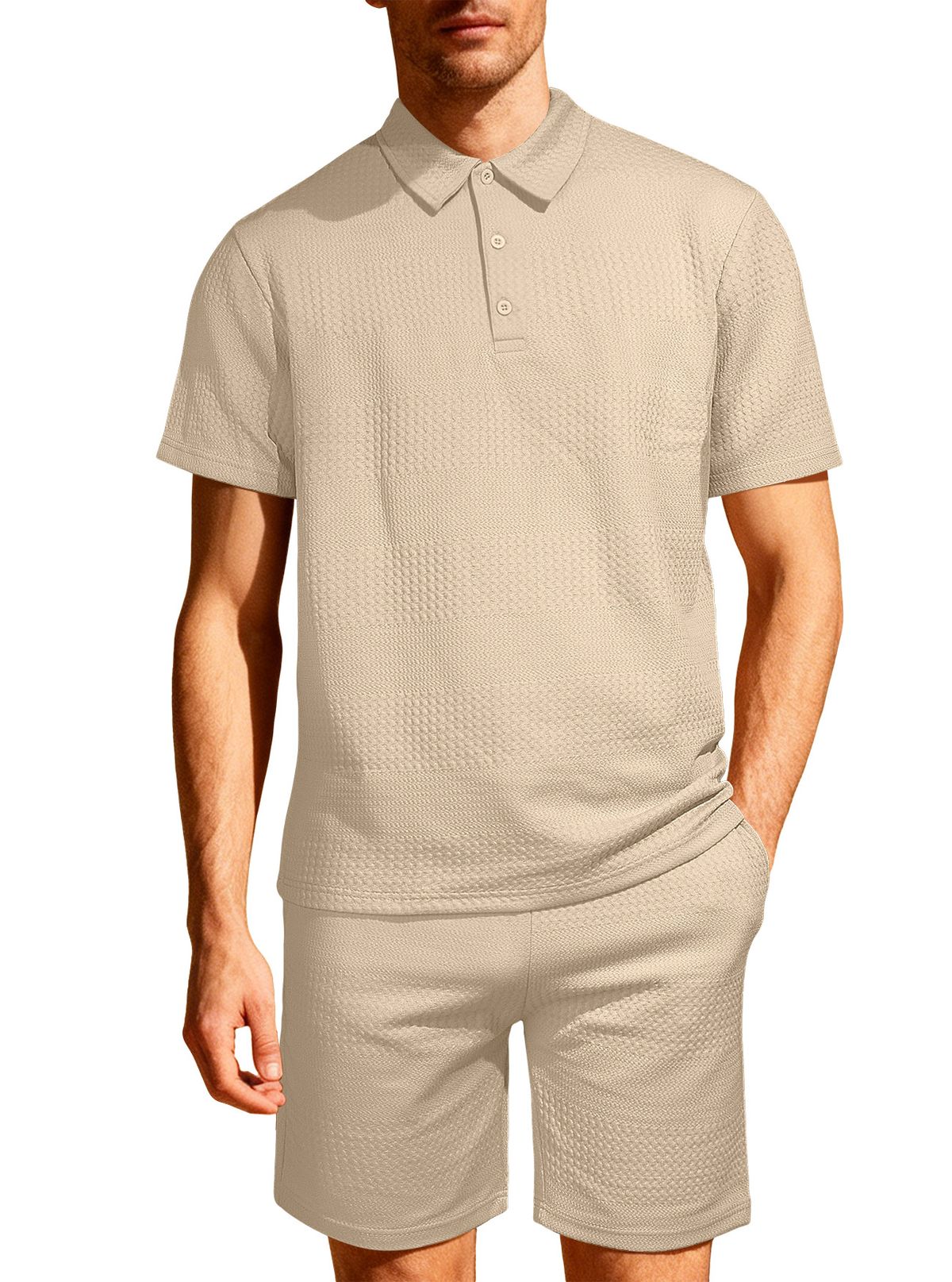 Men's Summer Waffle Knit Short Sleeve Button Down Shirt & Shorts Set - Breathable, Comfortable & Stylish Casual Outfit_viptrois.com