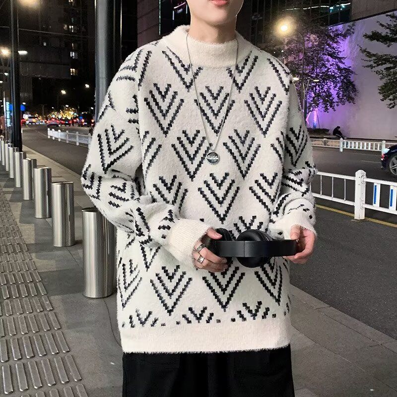 Mink fur semi high neck sweater for men, autumn and winter, thick and loose knit sweater, letter thread sweater_viptrois.com