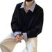 New Loose Long Sleeved Lapel Top Men's Contrasting Color Patchwork Shirt Collar Sweatshirt_viptrois.com