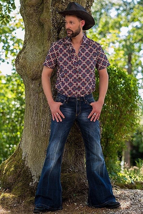Men's Denim Flare Pants Punk Vintage Denim Tie Flower Stretch_viptrois.com