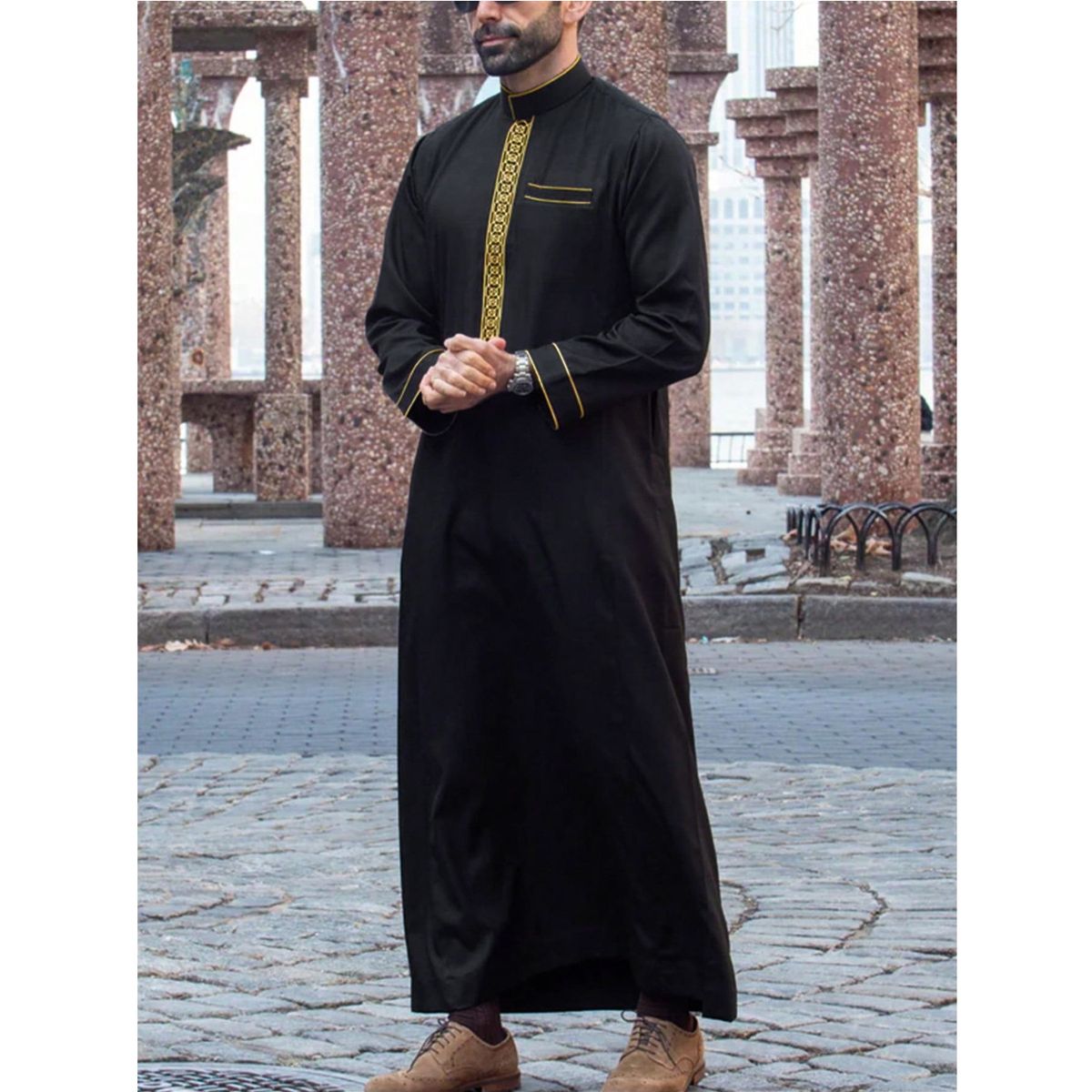 Men's Clothing Muslim Men's Robe Long Sleeves Ethnic Style Embroidery Stand Collar Men's Thobe_viptrois.com