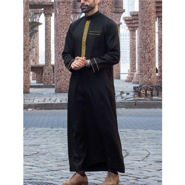 Men's Clothing Muslim Men's Robe Long Sleeves Ethnic Style Embroidery Stand Collar Men's Thobe_viptrois.com