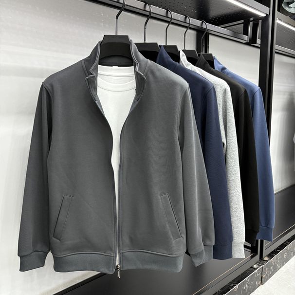 Men's Premium Cotton-Blend Zip-Up Jacket – Breathable Relaxed-Fit Sportswear With Ribbed Hem (Light Gray/Navy/Black/Charcoal/Dark Blue)_viptrois.com