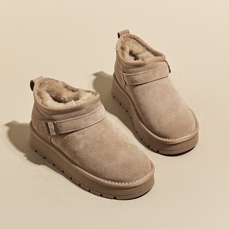 New fur integrated warm cotton shoes non-slip external transmission plus fleece short boots_viptrois.com