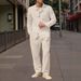 Men's Autumn Casual Single Breasted Lapel Linen Shirt Cardigan Long Sleeved Trousers Suit_viptrois.com