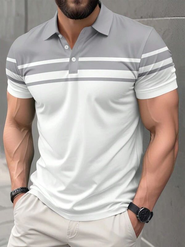 Men's Clothing Men's Summer New Casual Versatile Gradient Short Sleeved Button Lapel Polo Shirt_viptrois.com
