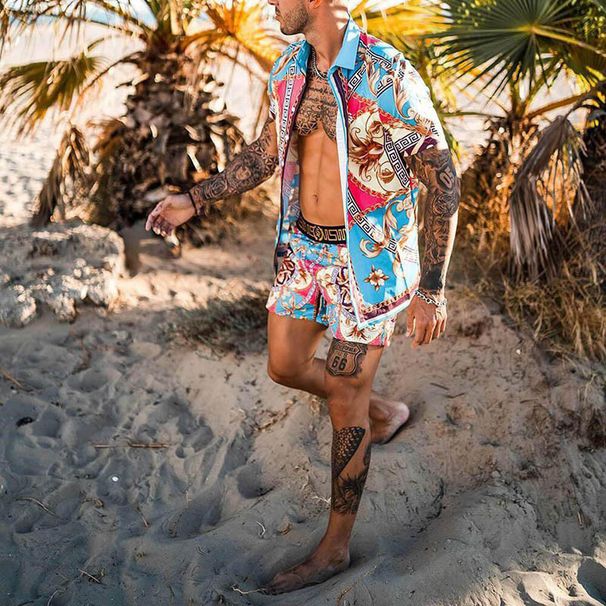 Printed short-sleeved shirt and board shorts vacation set_viptrois.com