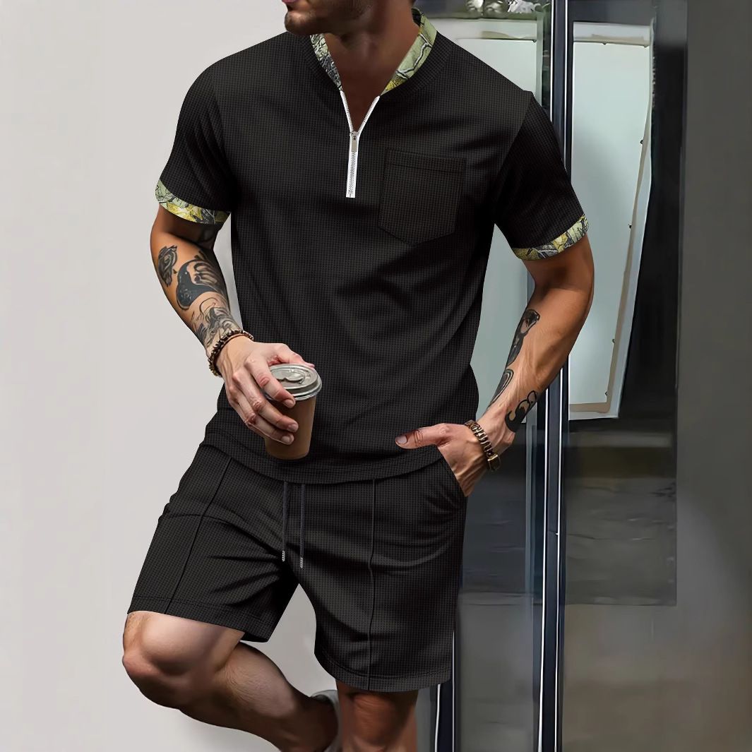 Waffle Zipper Stand Collar Color Matching Short Sleeved Shorts Men's Casual Outdoor Suit_viptrois.com