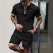 Waffle Zipper Stand Collar Color Matching Short Sleeved Shorts Men's Casual Outdoor Suit_viptrois.com