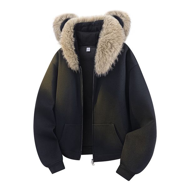 Unisex Teddy Bear Hoodie – Cozy Fleece-Lined Pullover With Ears & Fur Trim, Oversized College Style For Men/Women (Black/Navy/Heather Grey, S-3XL)_viptrois.com