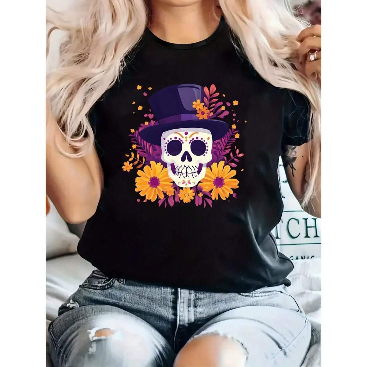 pura| Envío Mexicano| Tela Transpirable Alta Calidad| Camiseta Mujer Manga Corta Ajustada Estampado| Calavera Azúcar Con_viptrois.com