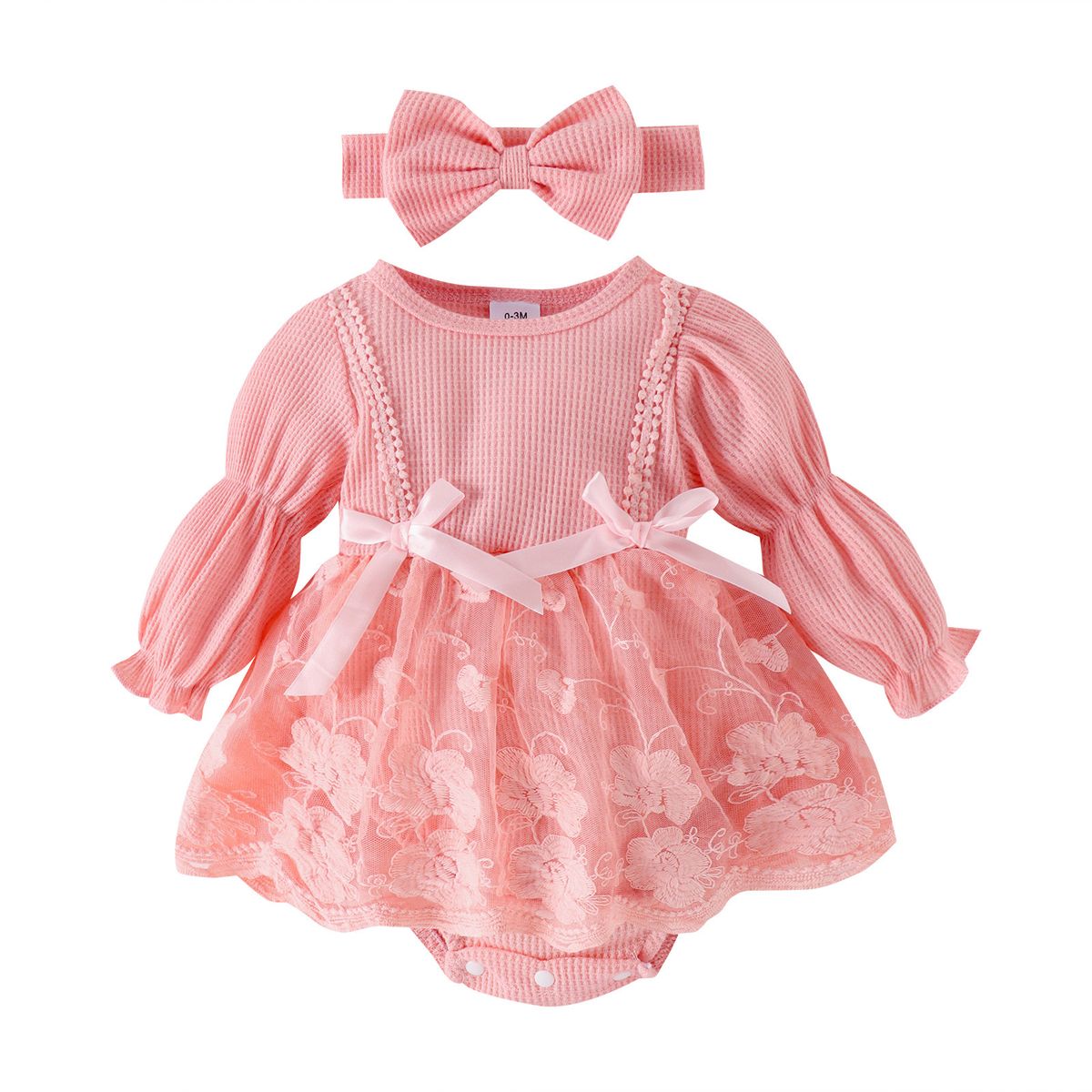 Mother & Kids Waffle Lantern Sleeve Mesh Romper With Crotch Opening Socks Headdress Sets_viptrois.com
