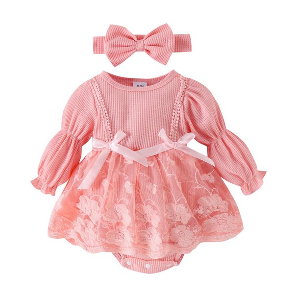 Mother & Kids Waffle Lantern Sleeve Mesh Romper With Crotch Opening Socks Headdress Sets_viptrois.com