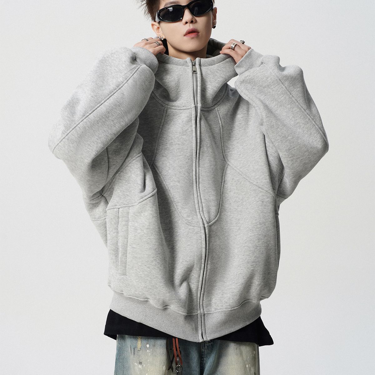 New retro silhouette gray hooded sweatshirt jacket for men's autumn and winter loose cardigan trendy men's sweatshirt_viptrois.com