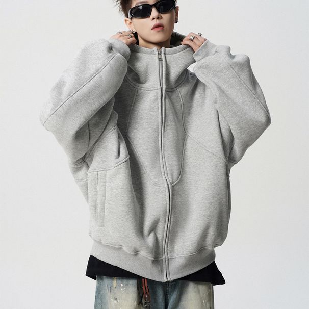 Retro silhouette gray hooded sweatshirt jacket for men's autumn and winter new style loose cardigan trendy men's sweatshirt_viptrois.com