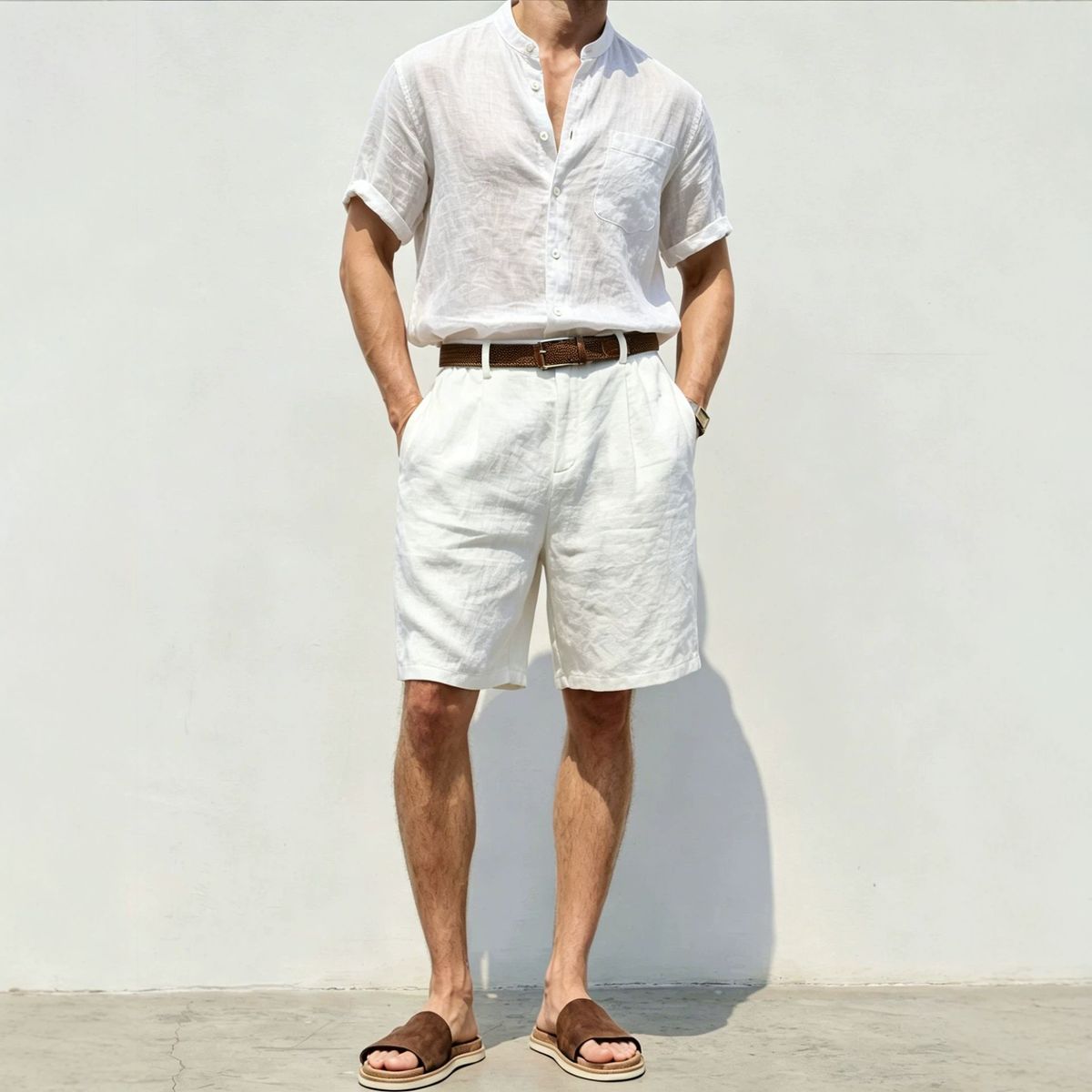 Summer Men's Linen Short Sleeve Shirt And Shorts Set Stand Collar Breathable Casual Two-Piece Vacation Style Clothing_viptrois.com